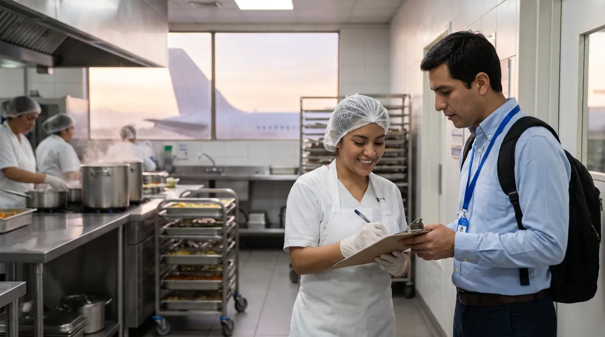Una manipuladora de alimentos firma un documento en una cocina de catering aéreo