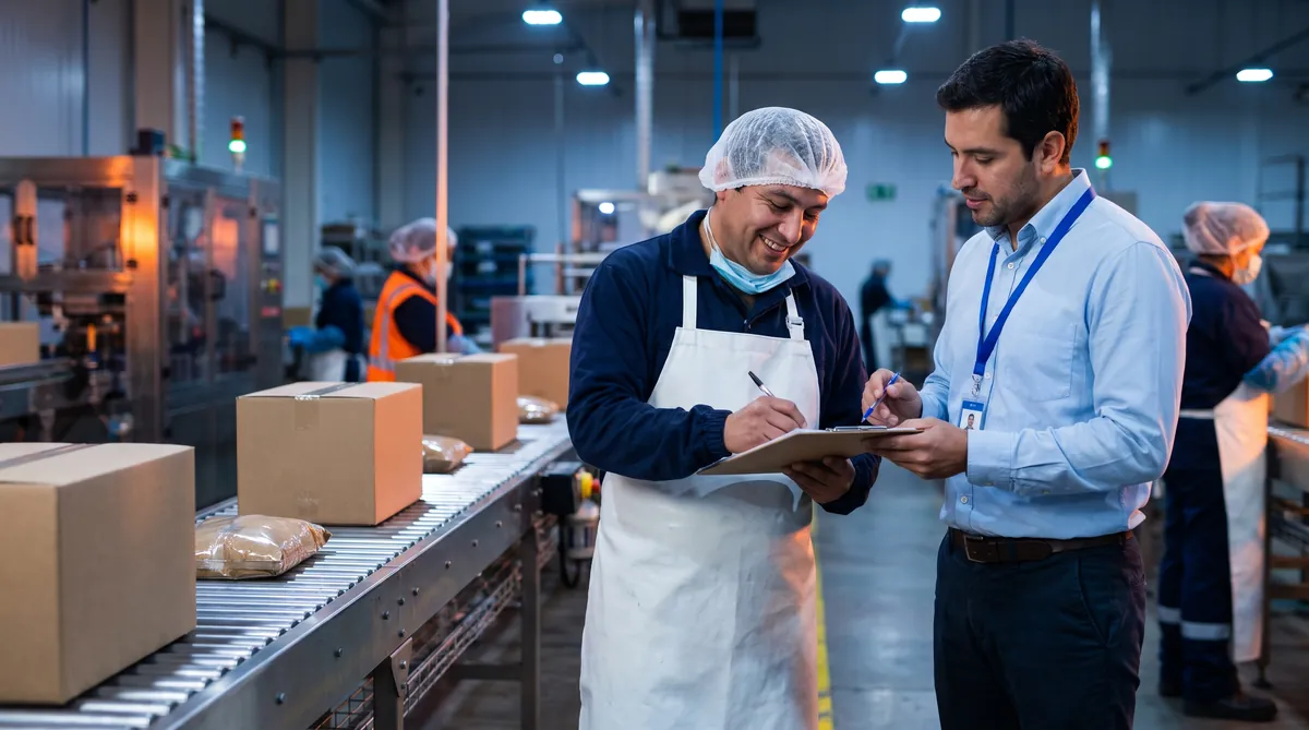Un operario de planta firma un documento junto a la línea de producción